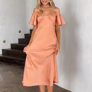 Orange Off-Shoulder Flutter Sleeve Midi Dress